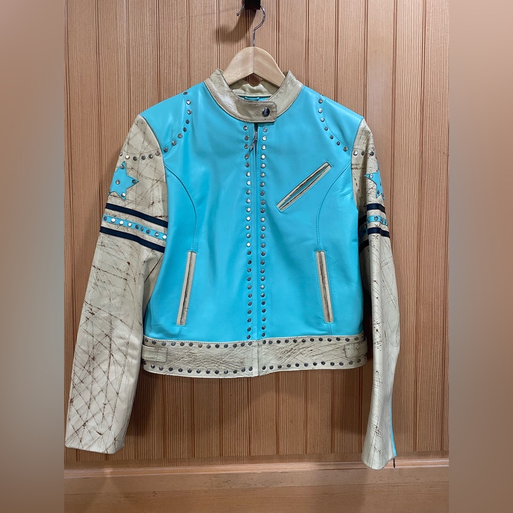 Vintage Wilsons Leather Blue and Tan Star Studded Jacket EUC - Picture 2 of 12